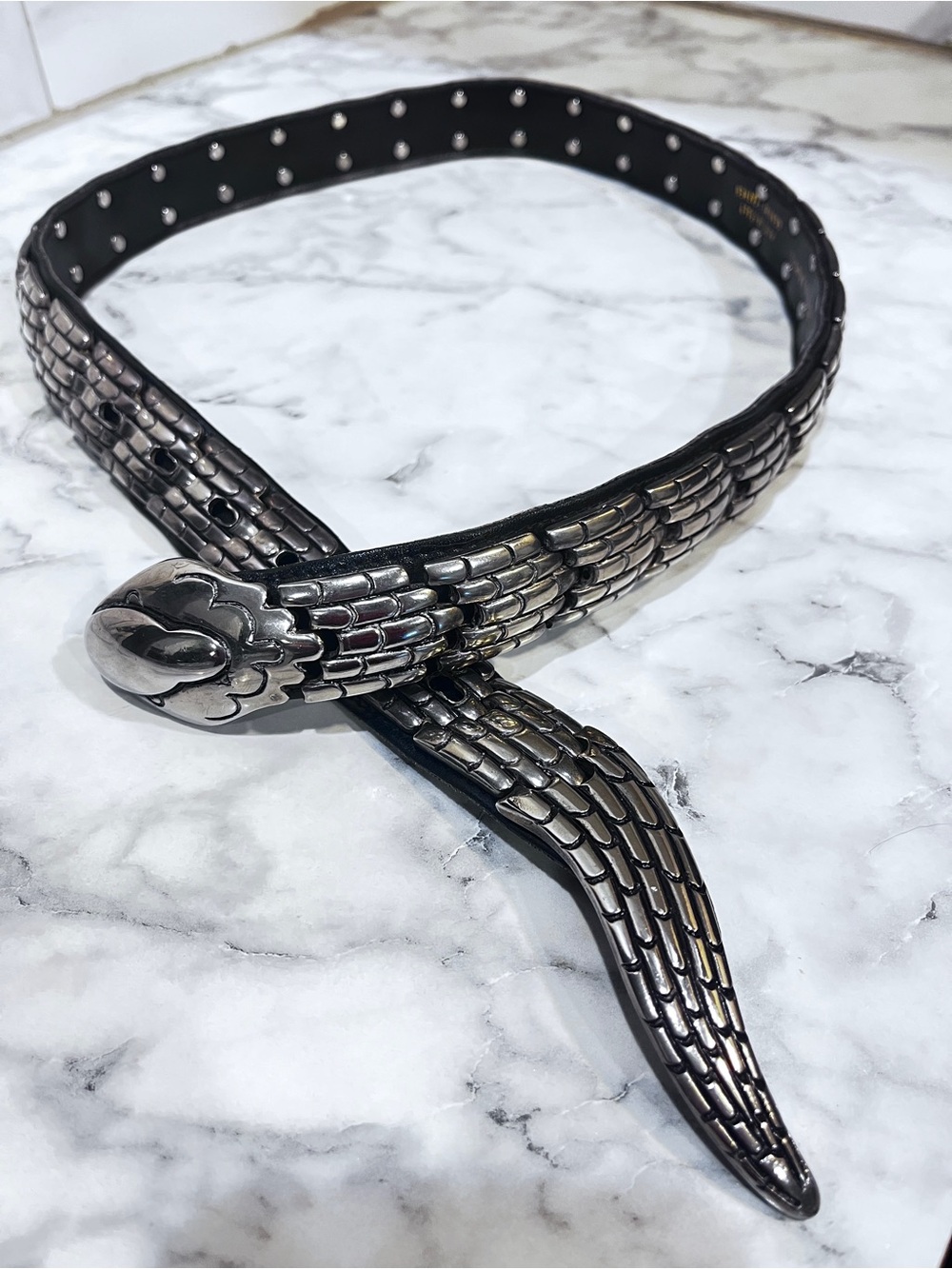 Vintage 1980s Bijoux Medici Articulated Metal Link Snake Belt Black Leather - Picture 4 of 9